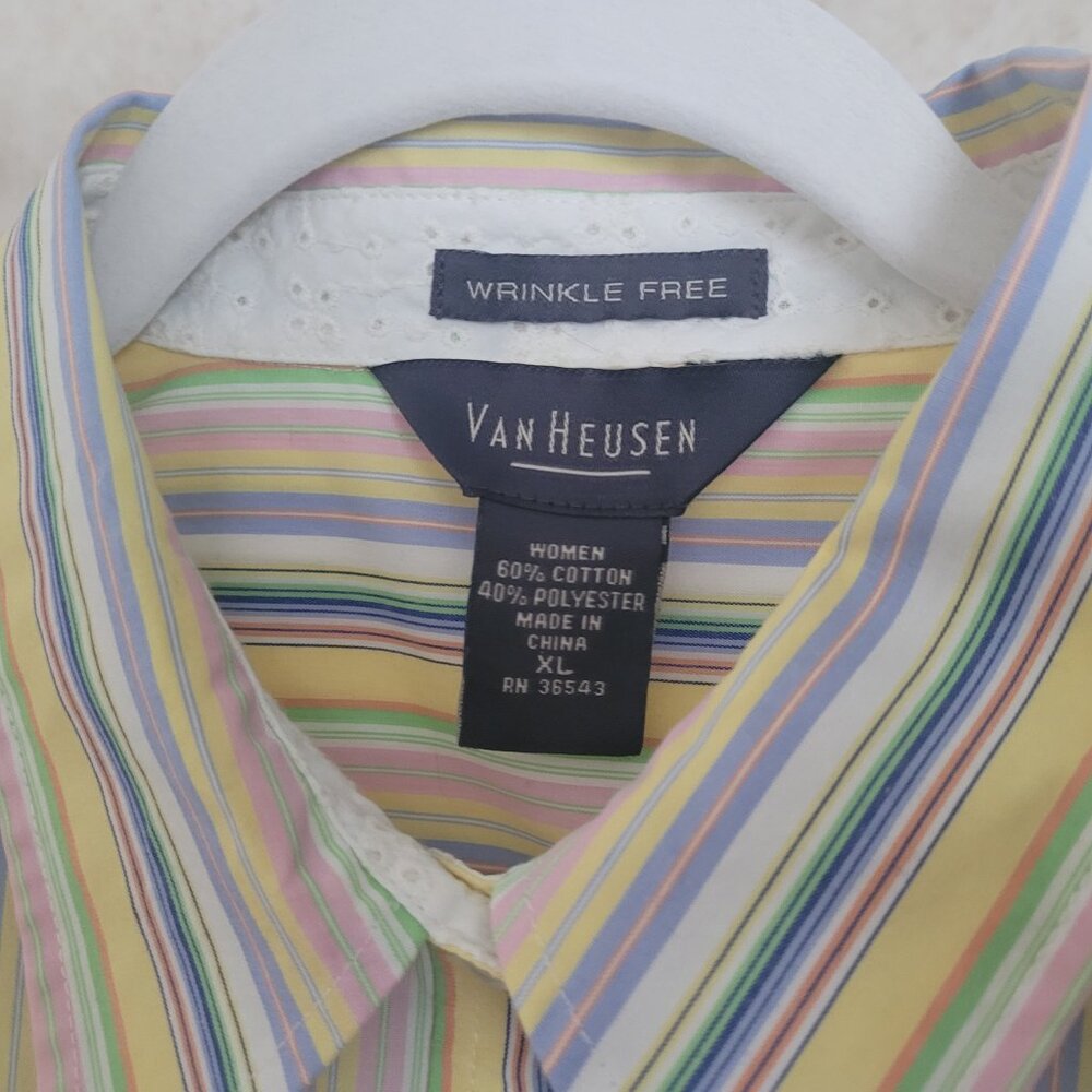 Yellow Blue Pink Striped Van Heusen Multi Color Womens Blouse Size XL